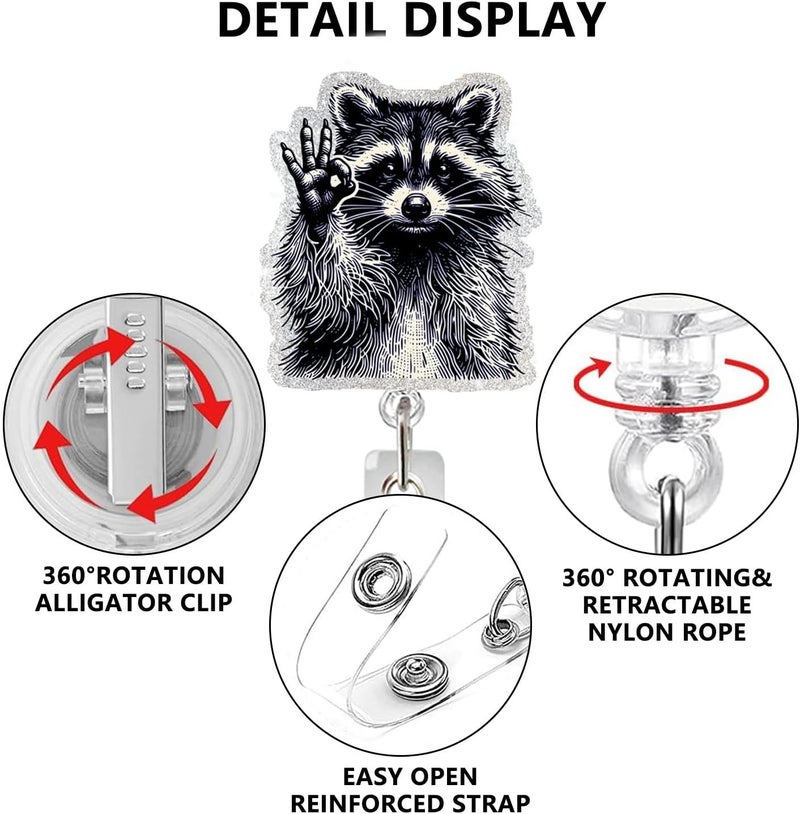 NSSHEL Raccoon ID Badge Reel Holder Retractable Medical Badge Reels Designs Cute and Funny Racoon OK Gesture Shirt Badge Clip Holders for Teacher Doctor Office Retractable Nursing Social Worker Accessories - Image 3
